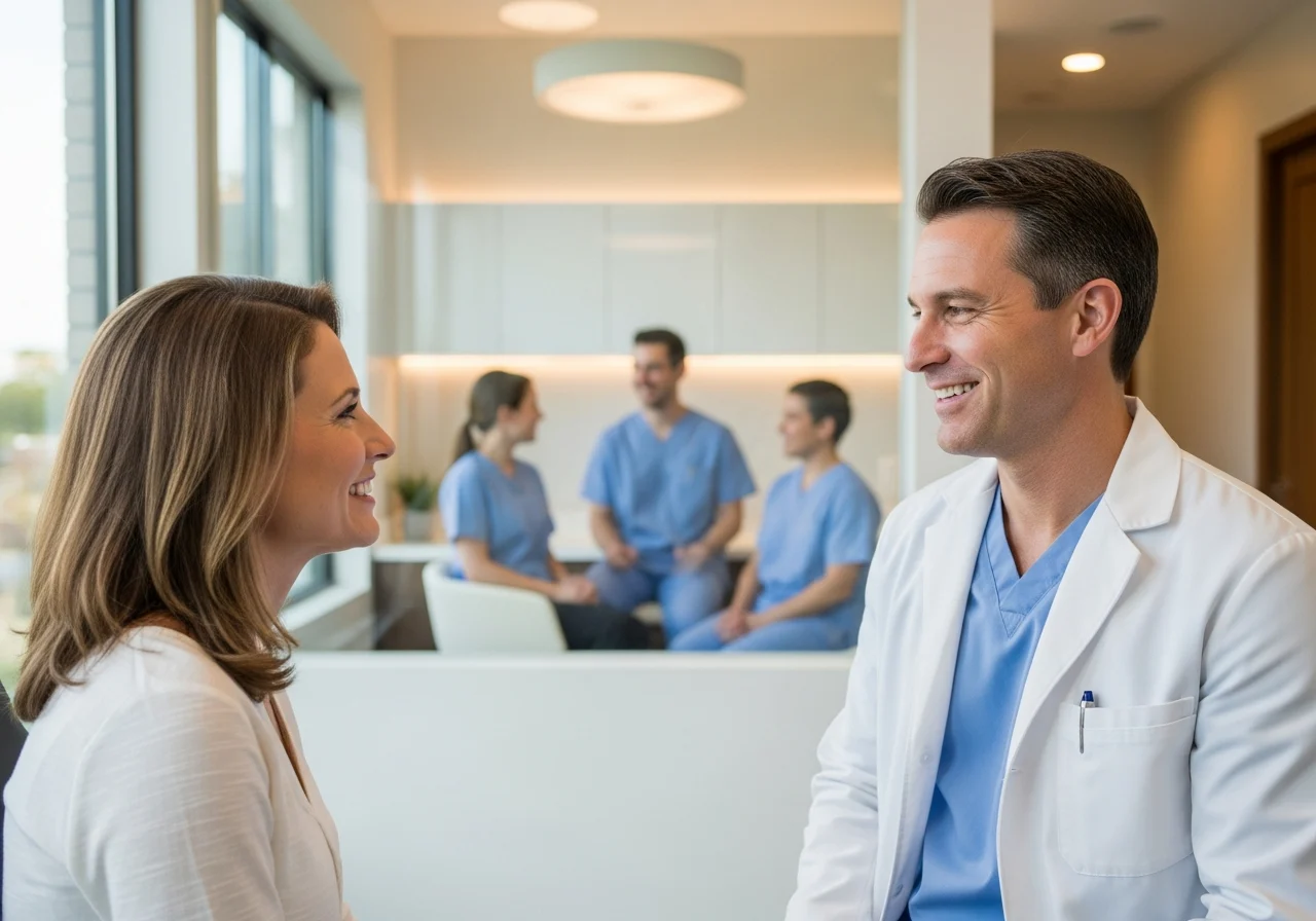 Smiling patient and clinician in a modern periodontal practice.