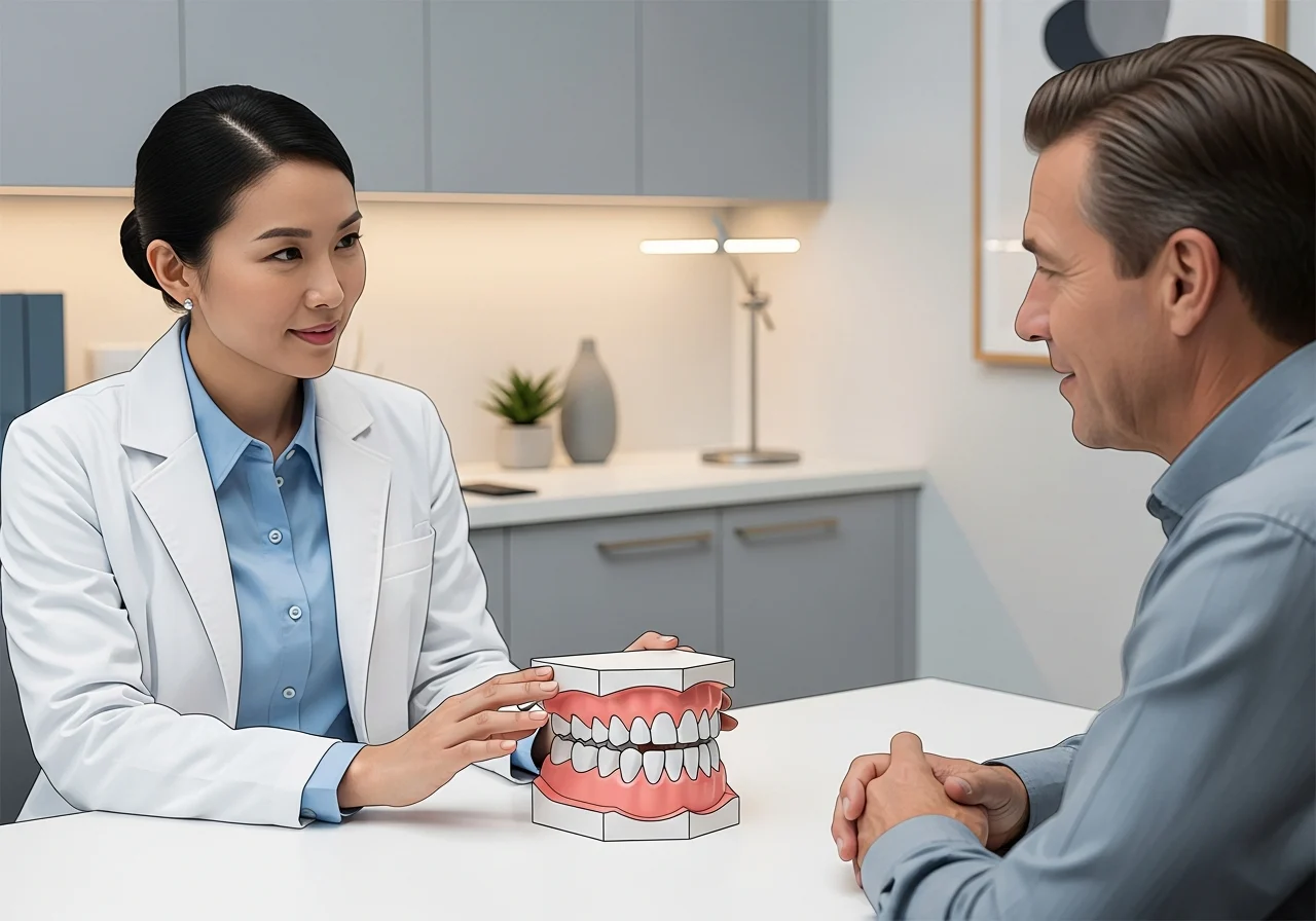 Dentist examining a patient's gums with dental tools