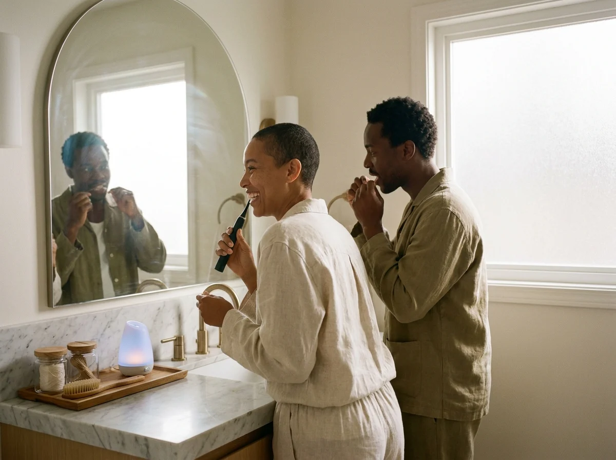 Diverse adult practicing oral care in an elegant bathroom setting.