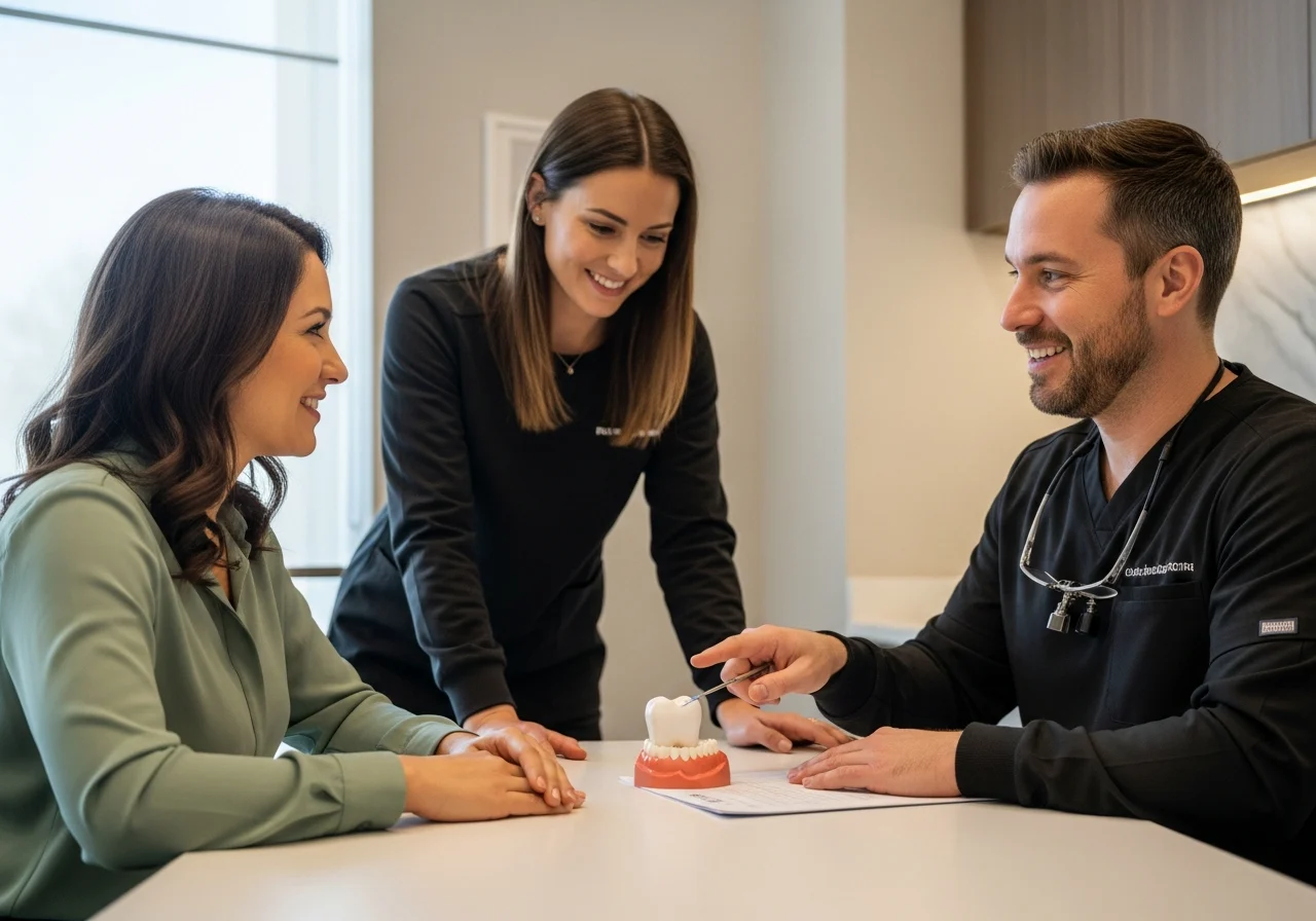 Dentist and patient discussing gum health with a tooth model.