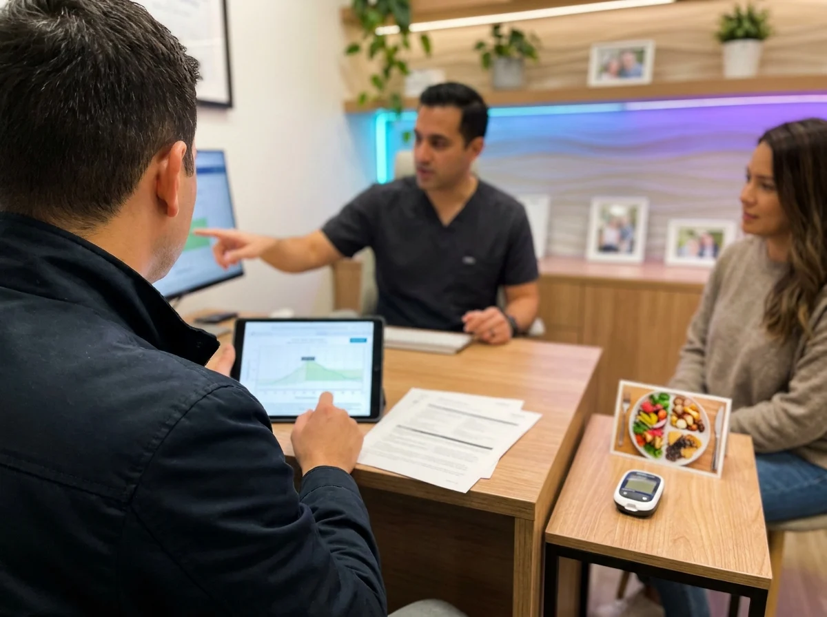 Patient reviewing wellness plan with clinician in a dental office.