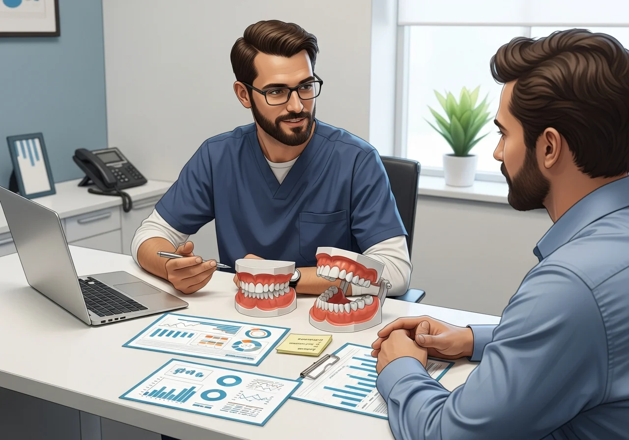 Periodontist and patient discussing gum disease stages in a modern office.