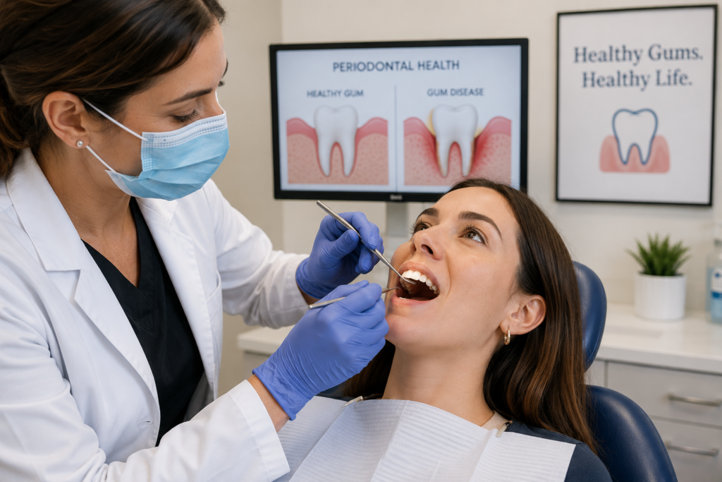 Periodontist examining a patient's gums during a periodontal evaluation to assess gum disease and protect long-term oral health.