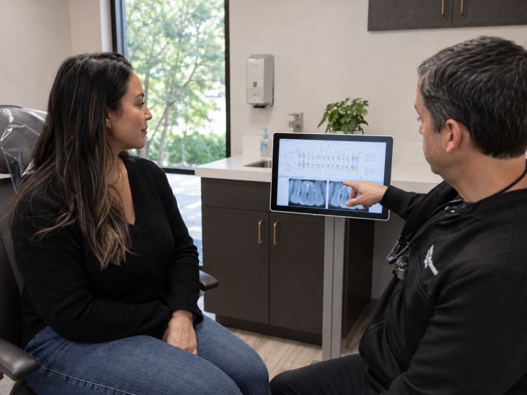 Periodontist reviewing periodontal findings with a patient after scaling and root planing.