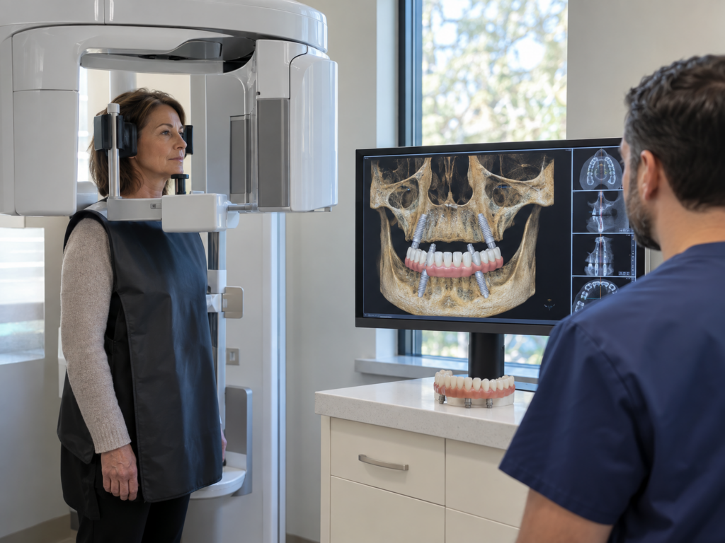 Periodontist reviews a 3D jaw scan and full-arch implant model while a patient undergoes cone-beam CT imaging.